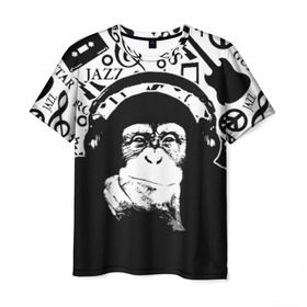 Мужская футболка 3D с принтом Шимпанзе в наушниках в Рязани, 100% полиэфир | прямой крой, круглый вырез горловины, длина до линии бедер | джаз | музыка | обезьяна | рок | шимпанзе в наущниках