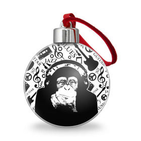 Ёлочный шар с принтом Шимпанзе в наушниках в Рязани, Пластик | Диаметр: 77 мм | джаз | музыка | обезьяна | рок | шимпанзе в наущниках