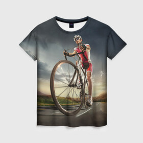Женская футболка 3D с принтом Велогонщик в Рязани, 100% полиэфир ( синтетическое хлопкоподобное полотно) | прямой крой, круглый вырез горловины, длина до линии бедер | extreme | вело | велосипед | шоссейный велосипед | экстрим