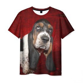 Мужская футболка 3D с принтом Бассет-хаунд в Рязани, 100% полиэфир | прямой крой, круглый вырез горловины, длина до линии бедер | бархат | бассет хаунд | взгляд | домашнее | животное | порода | собака | уши