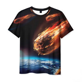 Мужская футболка 3D с принтом Метеориты в Рязани, 100% полиэфир | прямой крой, круглый вырез горловины, длина до линии бедер | Тематика изображения на принте: астероид | земля | космос | метеор | планета