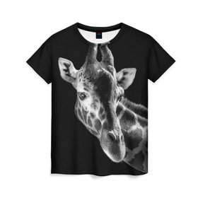 Женская футболка 3D с принтом Жираф в Рязани, 100% полиэфир ( синтетическое хлопкоподобное полотно) | прямой крой, круглый вырез горловины, длина до линии бедер | африка | животное | жираф | фон | фото | черно белое | черный
