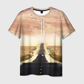 Мужская футболка 3D с принтом Дорога вперед в Рязани, 100% полиэфир | прямой крой, круглый вырез горловины, длина до линии бедер | асфальт | дорога | жизнь | пустыня | путь