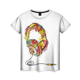 Женская футболка 3D с принтом Красочные наушники в Рязани, 100% полиэфир ( синтетическое хлопкоподобное полотно) | прямой крой, круглый вырез горловины, длина до линии бедер | dj | музыка | наушники