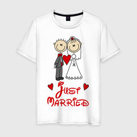 Мужская футболка хлопок с принтом Just married в Рязани, 100% хлопок | прямой крой, круглый вырез горловины, длина до линии бедер, слегка спущенное плечо. | just married | женат | замужем | молодожены | свадьба