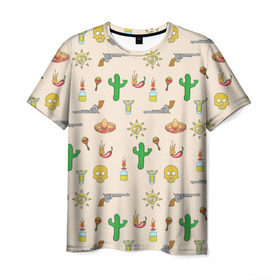 Мужская футболка 3D с принтом Мексиканский коллаж в Рязани, 100% полиэфир | прямой крой, круглый вырез горловины, длина до линии бедер | кактус | коллад | мексика | револьвер | черепа | чили