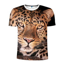 Мужская футболка 3D спортивная с принтом Леопард в Рязани, 100% полиэстер с улучшенными характеристиками | приталенный силуэт, круглая горловина, широкие плечи, сужается к линии бедра | гепард | грация | дикая кошка | добыча | животные | леопард | ловкость | опасность | пятна | хищник | ягуар