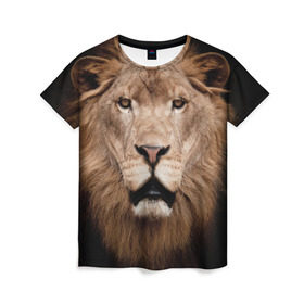 Женская футболка 3D с принтом Царь зверей в Рязани, 100% полиэфир ( синтетическое хлопкоподобное полотно) | прямой крой, круглый вырез горловины, длина до линии бедер | власть | дикая кошка | животное | король джунглей | лев | львица | мощь | мудрость | охотник | сила | хитрость | хищник | царь зверей