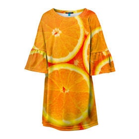 Детское платье 3D с принтом Апельсины в Рязани, 100% полиэстер | прямой силуэт, чуть расширенный к низу. Круглая горловина, на рукавах — воланы | апельсин | долька | цитрус