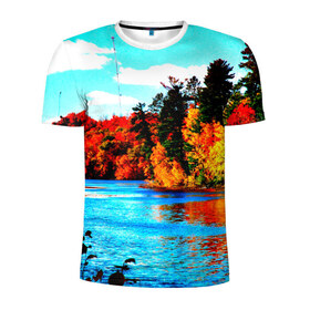 Мужская футболка 3D спортивная с принтом Озеро в Рязани, 100% полиэстер с улучшенными характеристиками | приталенный силуэт, круглая горловина, широкие плечи, сужается к линии бедра | Тематика изображения на принте: деревья | красные листья | кусты | осень | природа | река