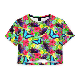 Женская футболка 3D укороченная с принтом Summer Butterflies в Рязани, 100% полиэстер | круглая горловина, длина футболки до линии талии, рукава с отворотами | бабочки | лето | пестрый | разноцветный