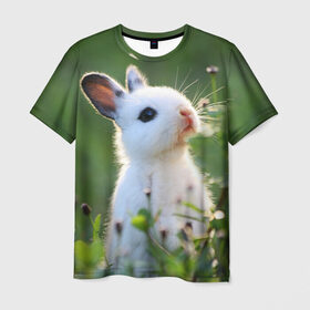 Мужская футболка 3D с принтом Кролик в Рязани, 100% полиэфир | прямой крой, круглый вырез горловины, длина до линии бедер | animal | baby | cute | flowers | fluffy | hare | lawn | little | meadow | rabbit | животное | заяц | кролик | луг | лужайка | маленький | малыш | милый | пушистый | цветы