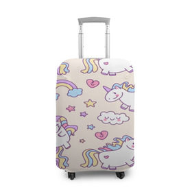 Чехол для чемодана 3D с принтом Радужные Единорожки в Рязани, 86% полиэфир, 14% спандекс | двустороннее нанесение принта, прорези для ручек и колес | unicorn | белый | единорог | лошадь | облако | радуга | розовый | сердце | улыбка | фиолетовый | цвет