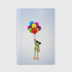 Обложка для паспорта матовая кожа с принтом Лягушка на воздушных шарах в Рязани, натуральная матовая кожа | размер 19,3 х 13,7 см; прозрачные пластиковые крепления | 