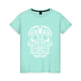 Женская футболка хлопок с принтом Мексиканский череп в Рязани, 100% хлопок | прямой крой, круглый вырез горловины, длина до линии бедер, слегка спущенное плечо | mexi | день мертвых | мексика | мексиканский череп | мертвецов | орнамент | праздник | узоры | цветы