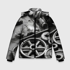 Зимняя куртка для мальчиков 3D с принтом Железо в Рязани, ткань верха — 100% полиэстер; подклад — 100% полиэстер, утеплитель — 100% полиэстер | длина ниже бедра, удлиненная спинка, воротник стойка и отстегивающийся капюшон. Есть боковые карманы с листочкой на кнопках, утяжки по низу изделия и внутренний карман на молнии. 

Предусмотрены светоотражающий принт на спинке, радужный светоотражающий элемент на пуллере молнии и на резинке для утяжки | Тематика изображения на принте: болты | гайки | железо | механизм | стимпанк | шестеренки