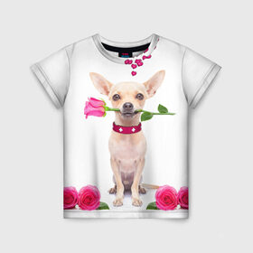 Детская футболка 3D с принтом С Любовью в Рязани, 100% гипоаллергенный полиэфир | прямой крой, круглый вырез горловины, длина до линии бедер, чуть спущенное плечо, ткань немного тянется | любовь | милый | подарок | прикол | розы | собака | цветы | щенок