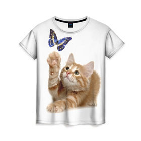 Женская футболка 3D с принтом Котенок и бабочка 2 в Рязани, 100% полиэфир ( синтетическое хлопкоподобное полотно) | прямой крой, круглый вырез горловины, длина до линии бедер | бабочка | кот | котенок | кошка | мордочка