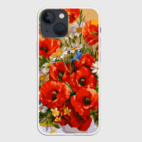 Чехол для iPhone 13 mini с принтом Маки в Рязани,  |  | art | daisy | drawing | field | flowers | poppies | poppy | red | white | арт | белые | красные | мак | маки | полевые | рисунок | ромашки | цветы