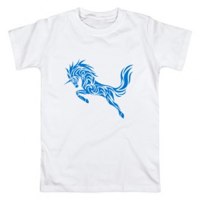 Мужская футболка хлопок с принтом Blue unicorn в Рязани, 100% хлопок | прямой крой, круглый вырез горловины, длина до линии бедер, слегка спущенное плечо. | вектор | грива | единорог | животное | конь | прыгающий | рог | синий | скачущий | существо | тату