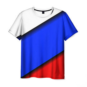 Мужская футболка 3D с принтом Российский флаг в Рязани, 100% полиэфир | прямой крой, круглый вырез горловины, длина до линии бедер | косой | наклонный | триколор