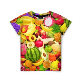 Детская футболка 3D с принтом Веселые фрукты в Рязани, 100% гипоаллергенный полиэфир | прямой крой, круглый вырез горловины, длина до линии бедер, чуть спущенное плечо, ткань немного тянется | апельсин | арбуз | банан | виноград | груша | киви | овощи | питание | ппп | правильное | тайланд | фрукт | яблоко
