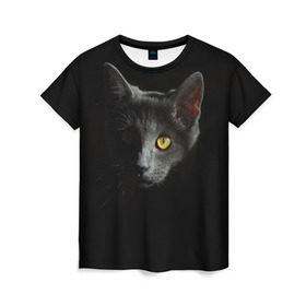 Женская футболка 3D с принтом Кошачий взгляд в Рязани, 100% полиэфир ( синтетическое хлопкоподобное полотно) | прямой крой, круглый вырез горловины, длина до линии бедер | глаз | киска | кот | котёнок | кошка | прикольные картинки | темнота | тьма