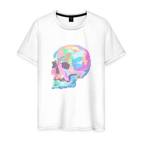 Мужская футболка хлопок с принтом Psychedelic skull в Рязани, 100% хлопок | прямой крой, круглый вырез горловины, длина до линии бедер, слегка спущенное плечо. | пиксельный | разноцветный | точечный | череп