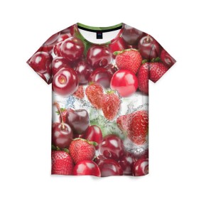 Женская футболка 3D с принтом Ягоды и брызги в Рязани, 100% полиэфир ( синтетическое хлопкоподобное полотно) | прямой крой, круглый вырез горловины, длина до линии бедер | брызги | вишня | вода | клубника | летний | лето | нежный | сочный | ягода