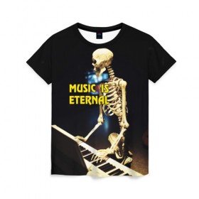 Женская футболка 3D с принтом Музыка вечна 3 в Рязани, 100% полиэфир ( синтетическое хлопкоподобное полотно) | прямой крой, круглый вырез горловины, длина до линии бедер | мелодия. клавиши | музыка | музыкальный инструмент | скелет
