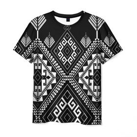 Мужская футболка 3D с принтом Индейские мотивы в Рязани, 100% полиэфир | прямой крой, круглый вырез горловины, длина до линии бедер | вышивка | орнамент | свитер | черно белый