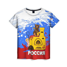 Женская футболка 3D с принтом Россия. Медведь. Балалайка в Рязани, 100% полиэфир ( синтетическое хлопкоподобное полотно) | прямой крой, круглый вырез горловины, длина до линии бедер | Тематика изображения на принте: матрешка | печька | россия. медведь. балалайка
