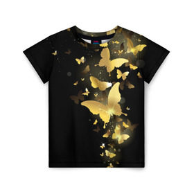 Детская футболка 3D с принтом Золотые бабочки в Рязани, 100% гипоаллергенный полиэфир | прямой крой, круглый вырез горловины, длина до линии бедер, чуть спущенное плечо, ткань немного тянется | бабочки | девушкам | злато | золото