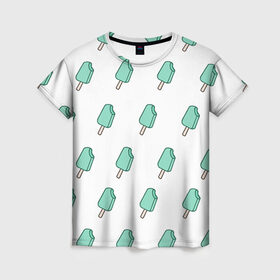 Женская футболка 3D с принтом Мороженое мятное в Рязани, 100% полиэфир ( синтетическое хлопкоподобное полотно) | прямой крой, круглый вырез горловины, длина до линии бедер | ice cream | мода | мороженое | тренд