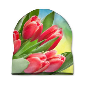 Шапка 3D с принтом Полевые тюльпаны в Рязани, 100% полиэстер | универсальный размер, печать по всей поверхности изделия | арт | краска | лето | лучи | любовь | новинки | популярные | природа | рисунки | свет | цветы