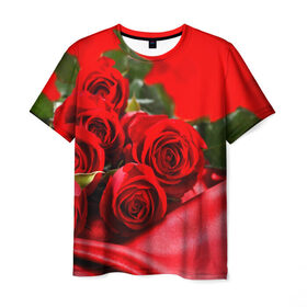 Мужская футболка 3D с принтом Розы в Рязани, 100% полиэфир | прямой крой, круглый вырез горловины, длина до линии бедер | Тематика изображения на принте: букет | красная | лепесток | разноцветная | роза | цветок
