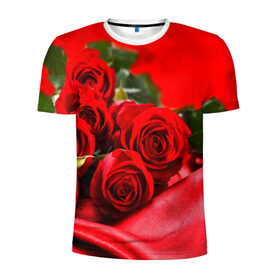 Мужская футболка 3D спортивная с принтом Розы в Рязани, 100% полиэстер с улучшенными характеристиками | приталенный силуэт, круглая горловина, широкие плечи, сужается к линии бедра | Тематика изображения на принте: букет | красная | лепесток | разноцветная | роза | цветок