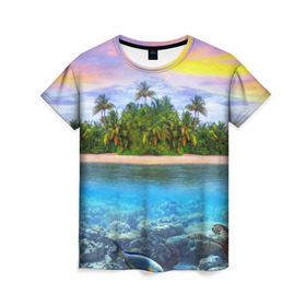 Женская футболка 3D с принтом Мальдивы в Рязани, 100% полиэфир ( синтетическое хлопкоподобное полотно) | прямой крой, круглый вырез горловины, длина до линии бедер | загар | каникулы | мальдивские острова | мальдивы | отдых | отпуск | пляж | приключения | солнце | туризм