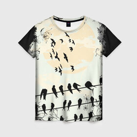 Женская футболка 3D с принтом Темная стая в Рязани, 100% полиэфир ( синтетическое хлопкоподобное полотно) | прямой крой, круглый вырез горловины, длина до линии бедер | ворон | закат | ласточки | новинки | популярное | птицы | темнота