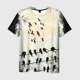 Мужская футболка 3D с принтом Темная стая в Рязани, 100% полиэфир | прямой крой, круглый вырез горловины, длина до линии бедер | ворон | закат | ласточки | новинки | популярное | птицы | темнота