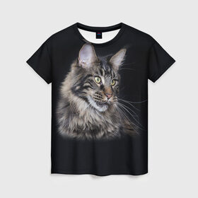 Женская футболка 3D с принтом Мейн-кун 5 в Рязани, 100% полиэфир ( синтетическое хлопкоподобное полотно) | прямой крой, круглый вырез горловины, длина до линии бедер | Тематика изображения на принте: кот | котенок | котик | котэ | кошка | мейн кун | мейнкун | мэйн кун | мэйнкун