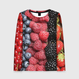 Женский лонгслив 3D с принтом Сочные ягоды в Рязани, 100% полиэстер | длинные рукава, круглый вырез горловины, полуприлегающий силуэт | богатый урожай | брусника | ерга | земляника | клубника | клюква | малина | морожка | облепиха | рябина | смородина | сок | сочные плоды | фрукты | черника | черноплодка | шиповник | ягоды
