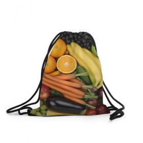 Рюкзак-мешок 3D с принтом Овощи и фрукты в Рязани, 100% полиэстер | плотность ткани — 200 г/м2, размер — 35 х 45 см; лямки — толстые шнурки, застежка на шнуровке, без карманов и подкладки | апельсин | баклажан | банан | картофель | клубника | кукуруза | морковь | овощи | перец | фрукты | яблоки
