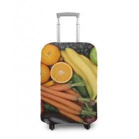 Чехол для чемодана 3D с принтом Овощи и фрукты в Рязани, 86% полиэфир, 14% спандекс | двустороннее нанесение принта, прорези для ручек и колес | апельсин | баклажан | банан | картофель | клубника | кукуруза | морковь | овощи | перец | фрукты | яблоки