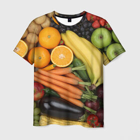 Мужская футболка 3D с принтом Овощи и фрукты в Рязани, 100% полиэфир | прямой крой, круглый вырез горловины, длина до линии бедер | апельсин | баклажан | банан | картофель | клубника | кукуруза | морковь | овощи | перец | фрукты | яблоки