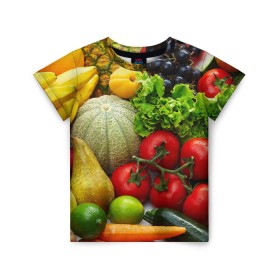 Детская футболка 3D с принтом Богатый урожай в Рязани, 100% гипоаллергенный полиэфир | прямой крой, круглый вырез горловины, длина до линии бедер, чуть спущенное плечо, ткань немного тянется | апельсин | баклажан | банан | богатый урожай | виноград | горох | еда | кабачок | капуста | картофель | лимон | морковь | овощи | огурец | перец | персик | помидор | слива | сочные плоды | томат | тыква