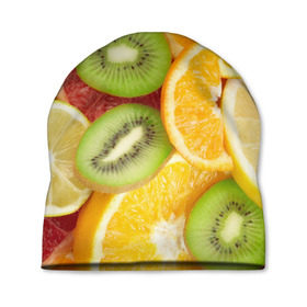 Шапка 3D с принтом Сочные фрукты в Рязани, 100% полиэстер | универсальный размер, печать по всей поверхности изделия | Тематика изображения на принте: апельсин | грейпфрут | десерт | дольки | киви | кусочки фруктов | лайм | лимон | разрез | сечение | фреш | фрукты | цитрусовые