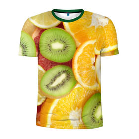 Мужская футболка 3D спортивная с принтом Сочные фрукты в Рязани, 100% полиэстер с улучшенными характеристиками | приталенный силуэт, круглая горловина, широкие плечи, сужается к линии бедра | Тематика изображения на принте: апельсин | грейпфрут | десерт | дольки | киви | кусочки фруктов | лайм | лимон | разрез | сечение | фреш | фрукты | цитрусовые