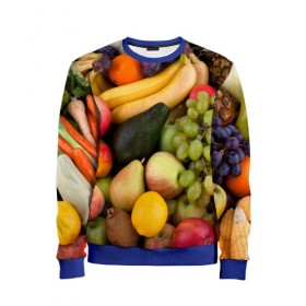 Детский свитшот 3D с принтом Спелые фрукты в Рязани, 100% полиэстер | свободная посадка, прямой крой, мягкая тканевая резинка на рукавах и понизу свитшота | Тематика изображения на принте: ананас | арбуз | банан | богатый урожай | виноград | горох | груша | еда | капуста | картофель | лук | морковь | овощи | огурец | перец | персик | слива | сочные плоды | томат | фасоль | фрукты | яблоко