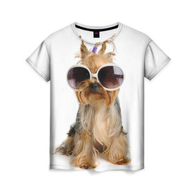 Женская футболка 3D с принтом Модница в Рязани, 100% полиэфир ( синтетическое хлопкоподобное полотно) | прямой крой, круглый вырез горловины, длина до линии бедер | fashion | животное | красавица | лучший друг | модница | няша | очки | причёска | собака | собачка | щенок | щеночек